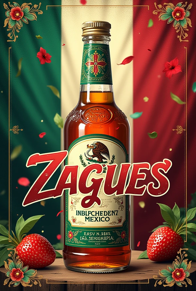 Design me an ad with the word ZAGUES and a patriotic design for the independence of Mexico in the background