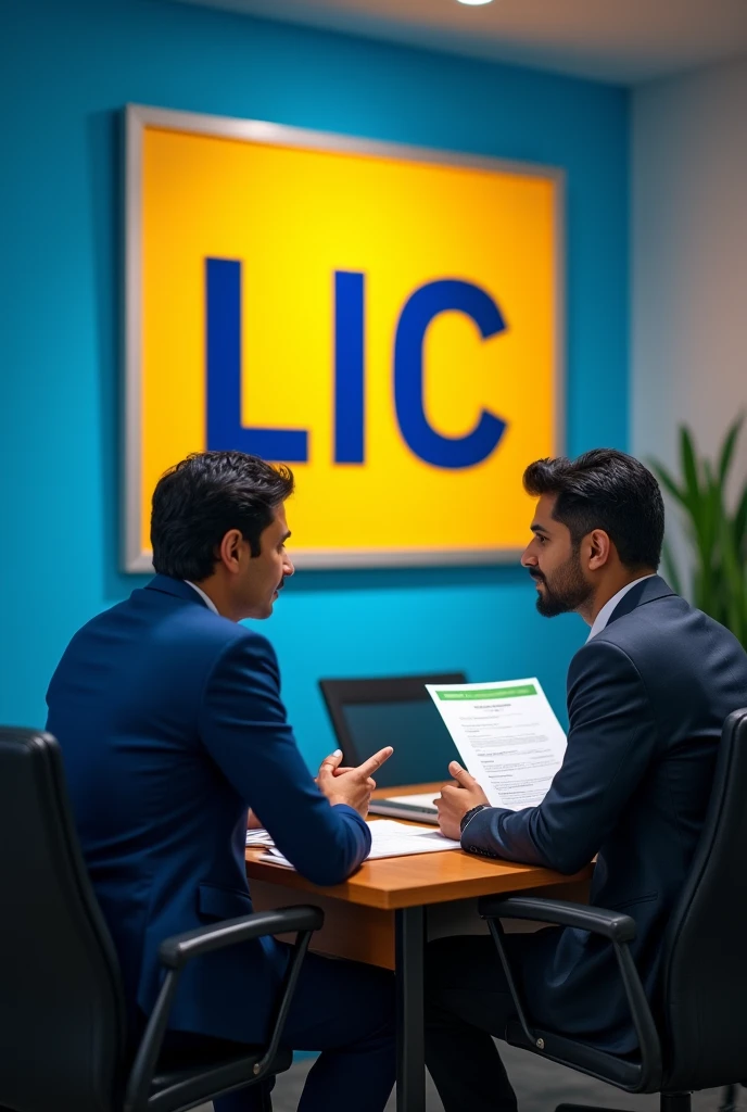 A man selling lic policy to a customer and clearly show that the man is lic agent and selling lic policy and on the wall the lic fill with yellow colour and outer is blue colour clearly showing and lic showing clearly in the images
