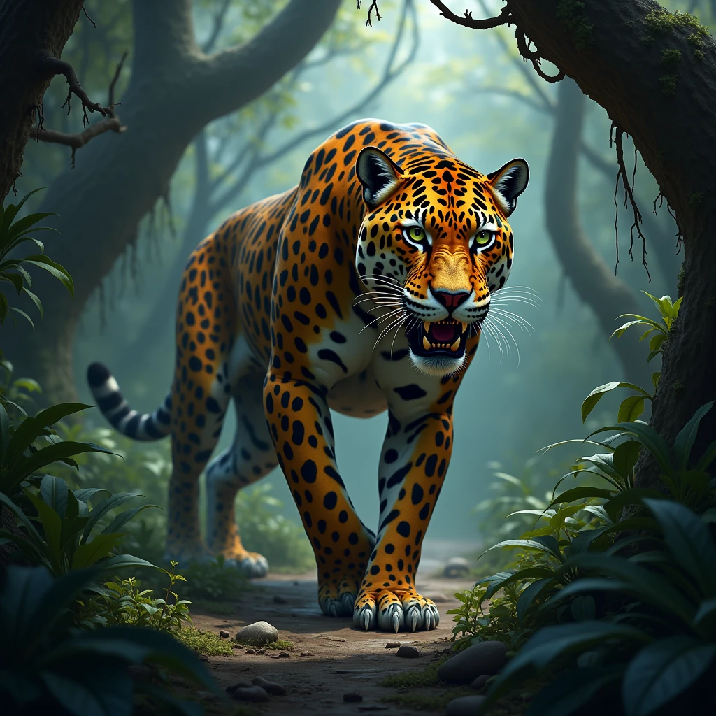 Jaguar agressive in a dark jungle