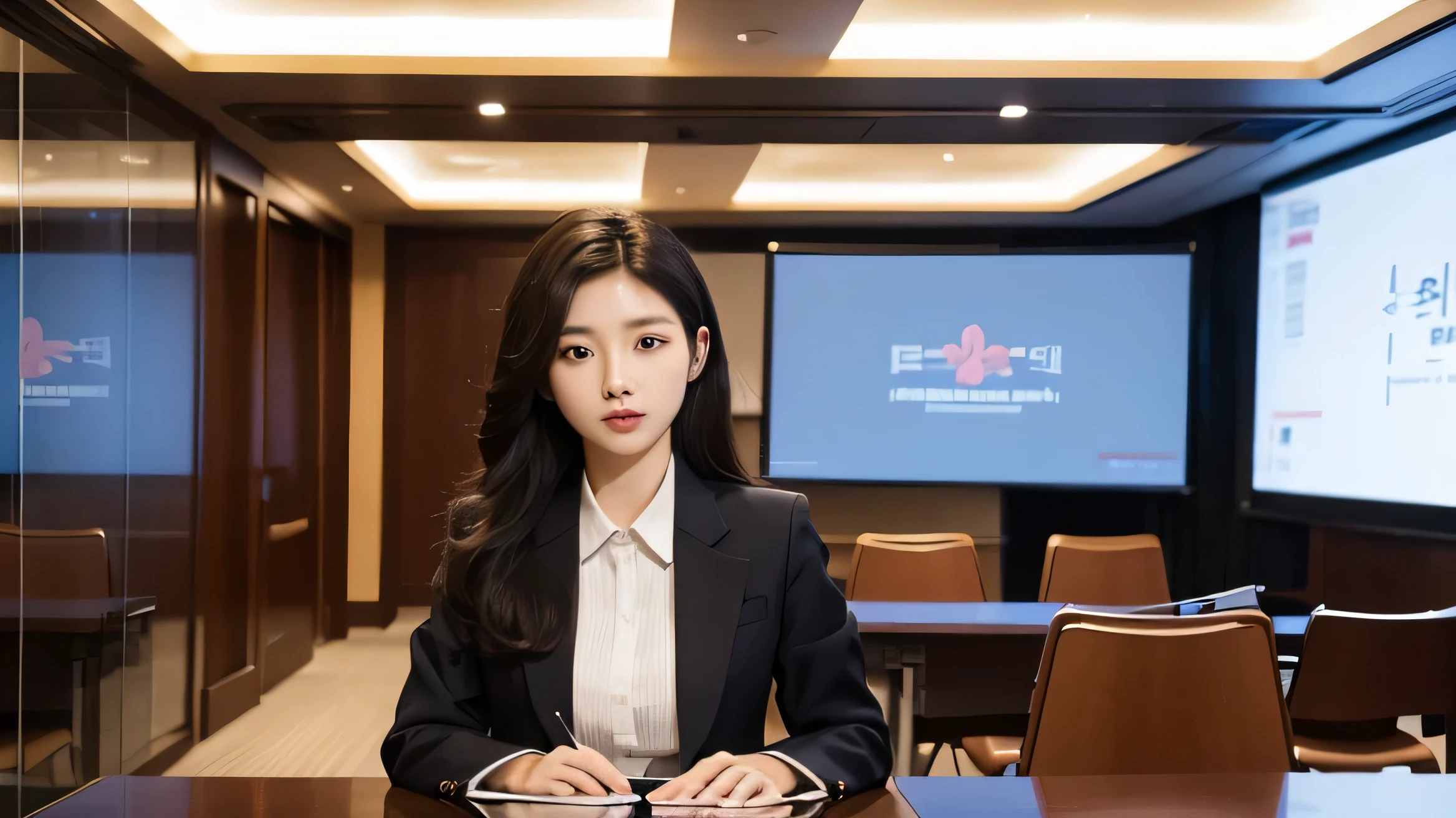 conference room, a beautiful korean lady, 20 years old, suit, presenting in frong of a large screen