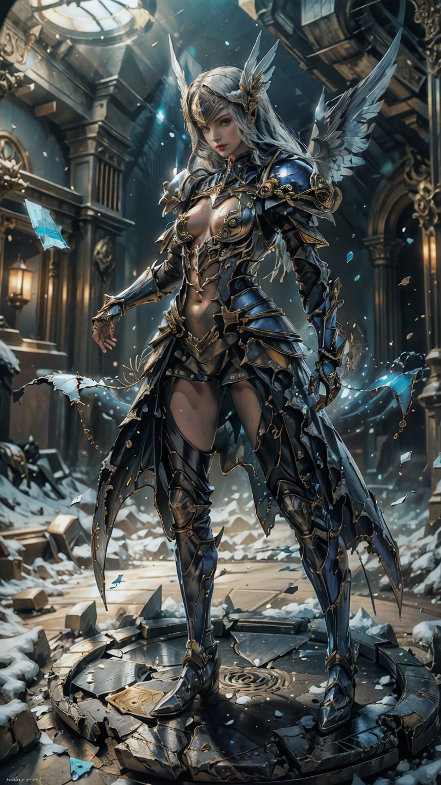 Lenneth from 'Valkyrie profile', BREAK: bright_gold_trimmed_sapphire_blue_plate mech4rmor, (damaged chest armor exposing skin:1.3), glowing sword raised in victory, thigh cutout, long skirt, BREAK: standing, contrapposto stance, light smile, magical castle ruins, fluffy snow and flower petals fall, BREAK: detailed face, detailed hands, (16k, absurdres, masterpiece, best quality), fantasysword, wings