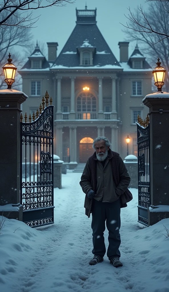 Mr. John is an elderly man in his late 70s, with a frail, thin frame. His face is weathered from years of hardship, with deep lines etched into his skin. He wears tattered clothes—an old jacket with holes, thin pants, and worn-out shoes. His beard is scruffy, and his hair is unkempt, showing the signs of living a difficult life on the streets. Describe a cold winter night outside a luxurious mansion. Introduce Mr. Harris, a wealthy billionaire, and Mr. John, an elderly poor man shivering near the mansion’s gate.