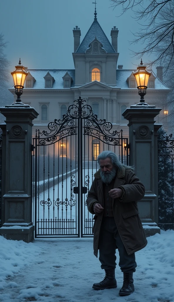 Mr. John is an elderly man in his late 70s, with a frail, thin frame. His face is weathered from years of hardship, with deep lines etched into his skin. He wears tattered clothes—an old jacket with holes, thin pants, and worn-out shoes. His beard is scruffy, and his hair is unkempt, showing the signs of living a difficult life on the streets. Describe a cold winter night outside a luxurious mansion. Introduce Mr. Harris, a wealthy billionaire, and Mr. John, an elderly poor man shivering near the mansion’s gate.