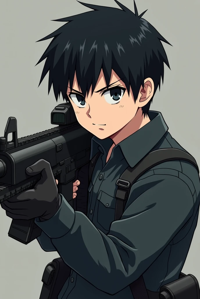 young character  anime man with black hair and black eyes serious with a machine gun full body
