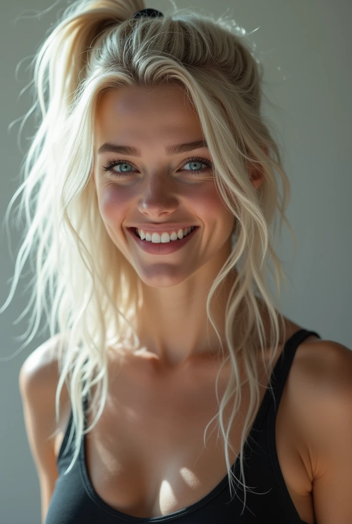 Create a photorealistic, 4K image of a female. She is 18, athletic, platinum blonde, small breasts, and has intense blue eyes. Her appearance looks a lot like a Nordic Emilia Clarke. She always has a wicked smile, like she has something naughty on her mind.