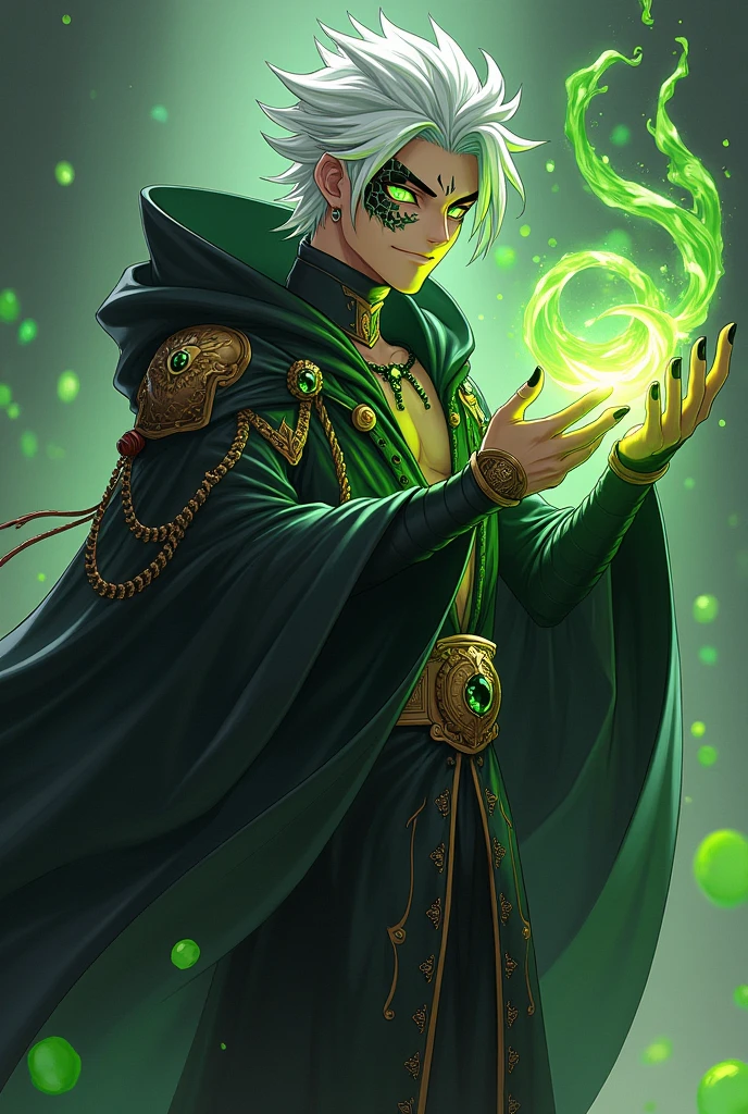 dnd, dungeons and dragons, adult snake man, normal round human ears, serpent, snake guy, sorcerer, slender, acid magic, caustic magic, magic, casting a spell, solo, single person, portrait, action pose, tanned white skin, symmetrical black snake scales on cheeks, tattoo on lip and chin, medium spiky white hair with black streaks, black highlights, black fingernails, green snake eyes, reptile eyes, handsome, male, anime, ornate black robes with hood, black hood up, gold jewelry with black gems, noble, rich, putrid magic, slime, goo, ((masterpiece, best quality)), trending artwork