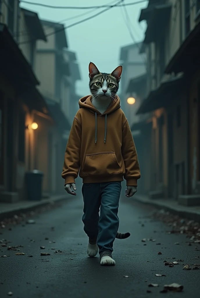 A surreal scene where a cat with human-like features is walking down a quiet, dimly lit street at dusk. The cat stands on two legs, wearing casual clothes, such as a hoodie and jeans, with a curious yet determined expression. The street is lined with old buildings, and the atmosphere is slightly eerie, with shadows cast by a few dim streetlights. The cat's fur is sleek, with distinct markings, and its face retains feline features while having a subtle hint of human expressions, making it both strange and fascinating."