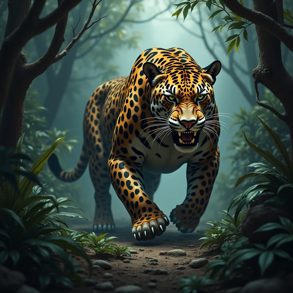 Jaguar agressive in a dark jungle
