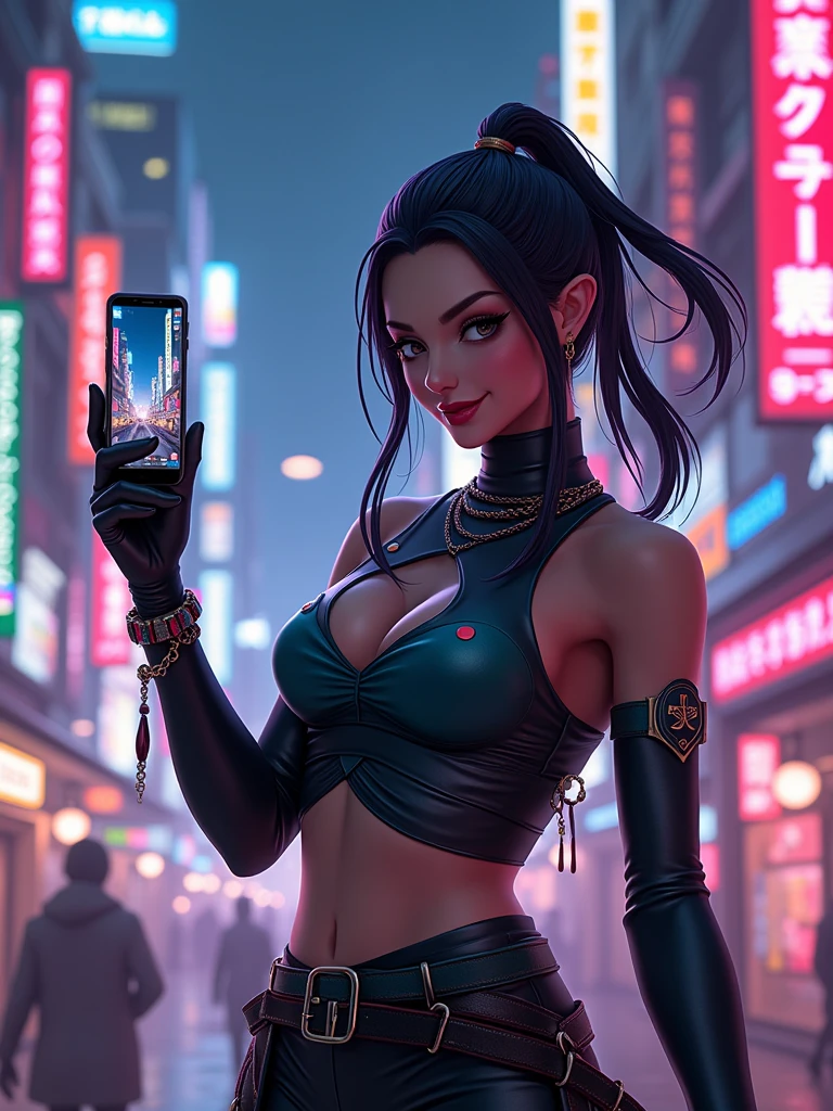 the character akali from league of legends happy holding her daggers, Tokyo cityscape at night with lots of cyber punk LED lights, and in the other hand she is holding an iPhone 13 Pro Max taking a selfie, ultra realisitic, with great quality, selfie photo size
