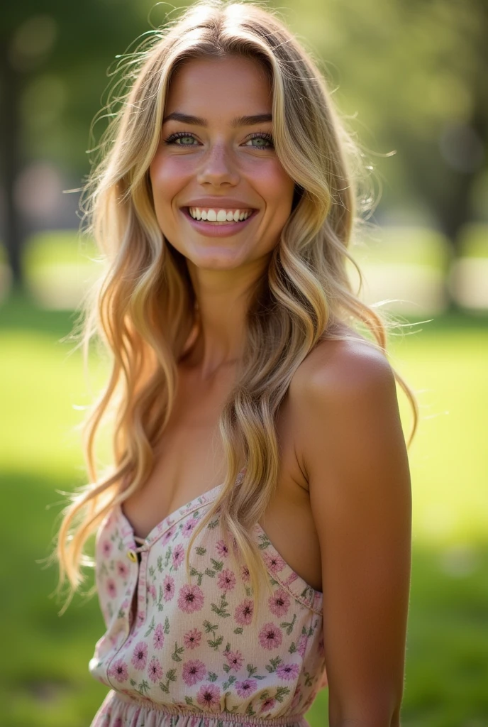 Create a highly detailed image of a beautiful American girl in her mid-20s, with long wavy blonde hair, blue eyes, and a radiant smile. She is outdoors in a sunlit park with soft green grass and trees in the background. She wears a casual summer dress in soft pastel colors, with light makeup, and her natural beauty stands out. The setting is warm and inviting, capturing a moment of happiness and serenity.
