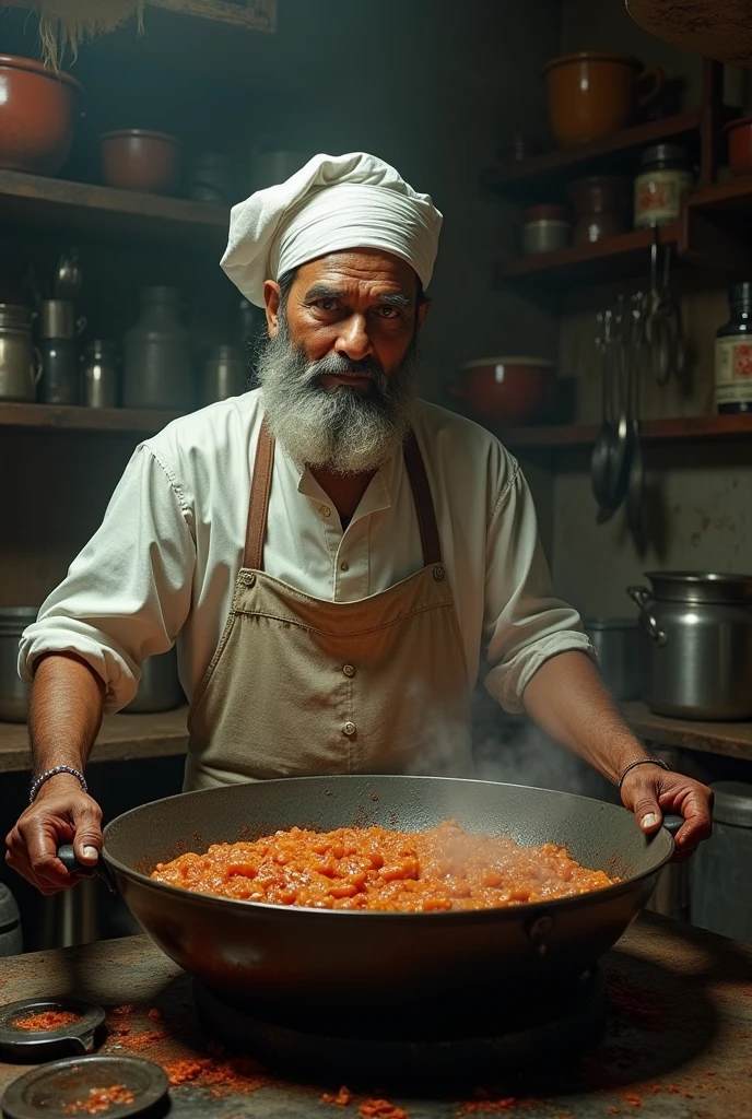 Indian chef with a very dirty pan cooking a big dog 
