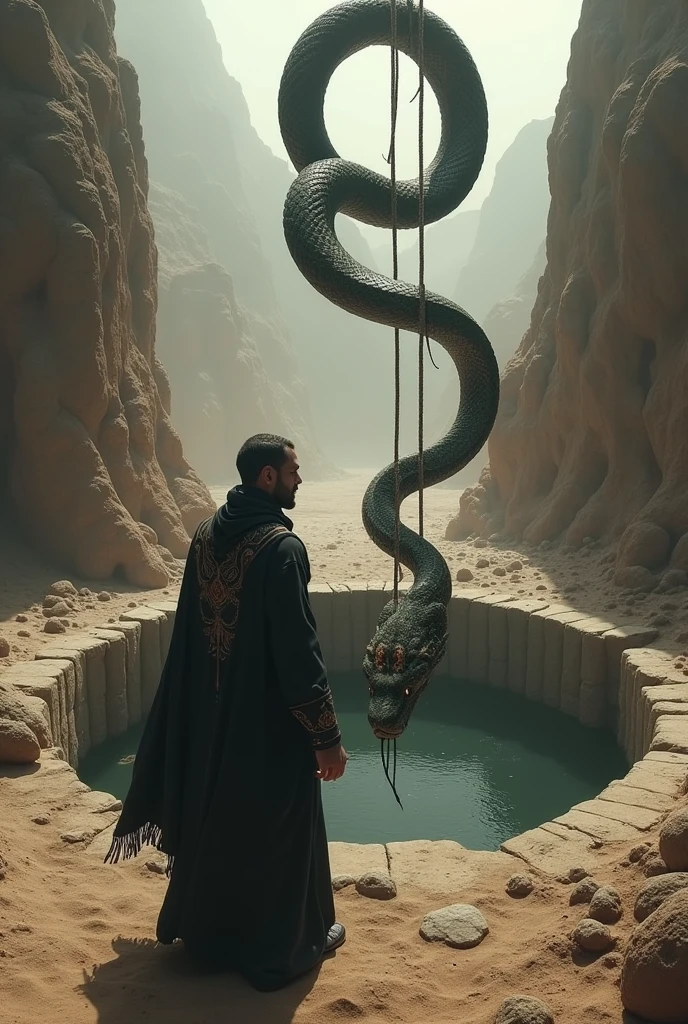 The Muslim man hangs a huge snake from the middle of the well