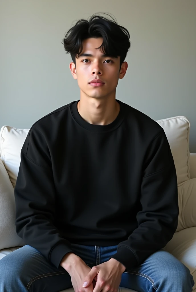He is white and younger than him, he is 1, he has black hair, a black sweatshirt, he is sitting on a white sofa, he has no beard