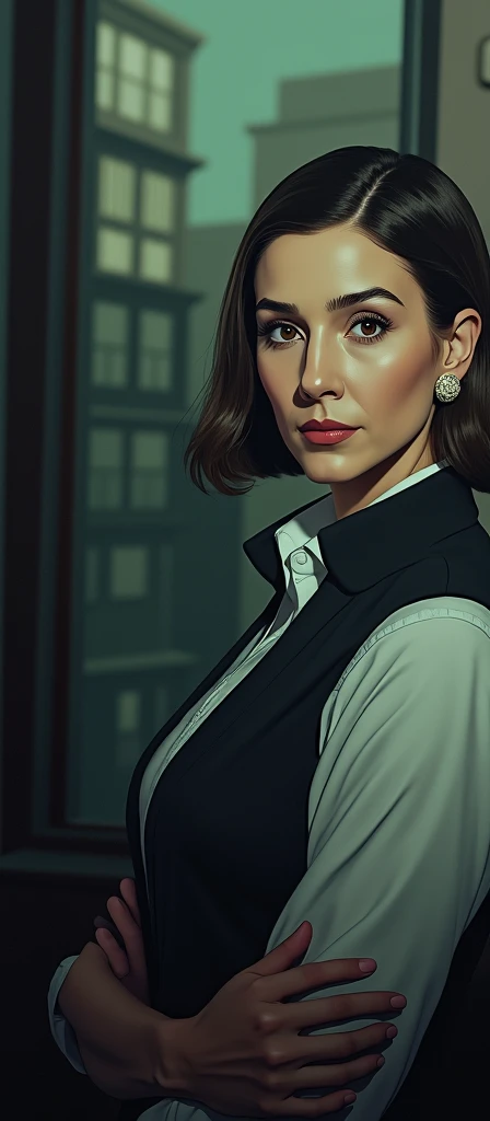 1fille, mature female, gilet, arch, photo, realistic, best quality, hires, Detailed face, Bureau, buildings from the window, detailed context, diffused sunlight, depth of field, bokeh