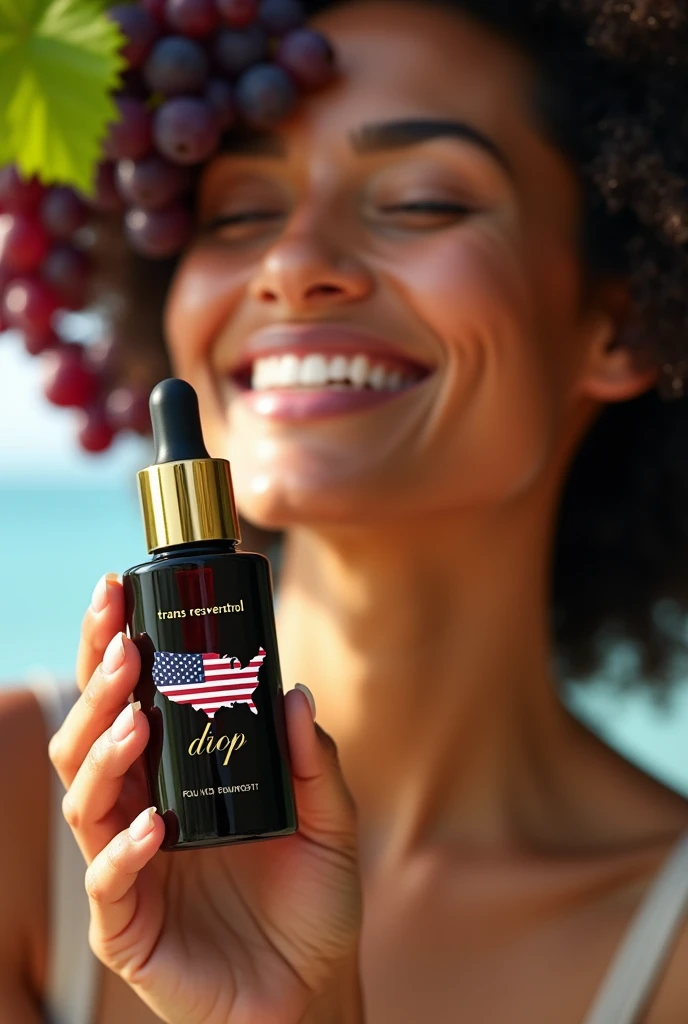 A woman with a happy face , doing your skin care, in the scene there are grapes falling on her face, with a close-up capturing the translucent smoked dropper bottle with black label and gold letters reading trans resveratrol, the label contains the outline of the US map filled with the US flag , at the top and bottom of the label there is a gold bar and the word drop in cursive letters.