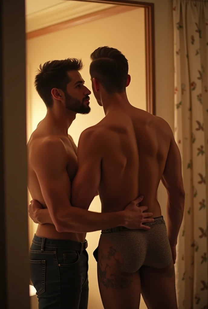 Two gay man having sex in hotel, showing both dick and 6 packs