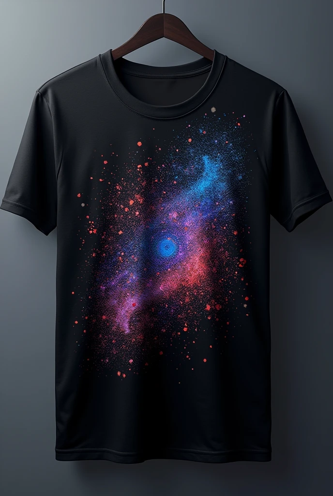 realistic image, of a print on a black t-shirt with an ink containing glitter-like particles with an iridescent effect of red colors, blue and violet. The printed t-shirt must be seen, The iridescent effect is only in the print and it can be seen that the change in tone is due to iridescence and that it is in small glitter-type particles in the print.