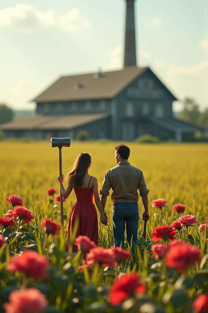 There is a factory in the middle of the rice field，Placed in front of the factory，One man and one woman，Male holding a hammer，Woman holding a sickle，Hammer and sickle，The factory is surrounded by roses.