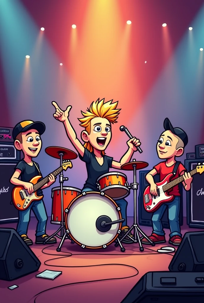 Draw in a cartoon way a music band with a drummer playing in the middle with a short blond mullet, a guitarist with shaved head with a cap on the left and a bass' musician with shaved head ans a cap on the right.