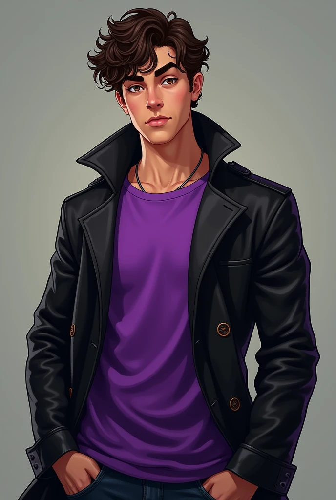 Buff boy with curly brown hair and big brown eyes wearing a purple t shirt and black leather trench coat 