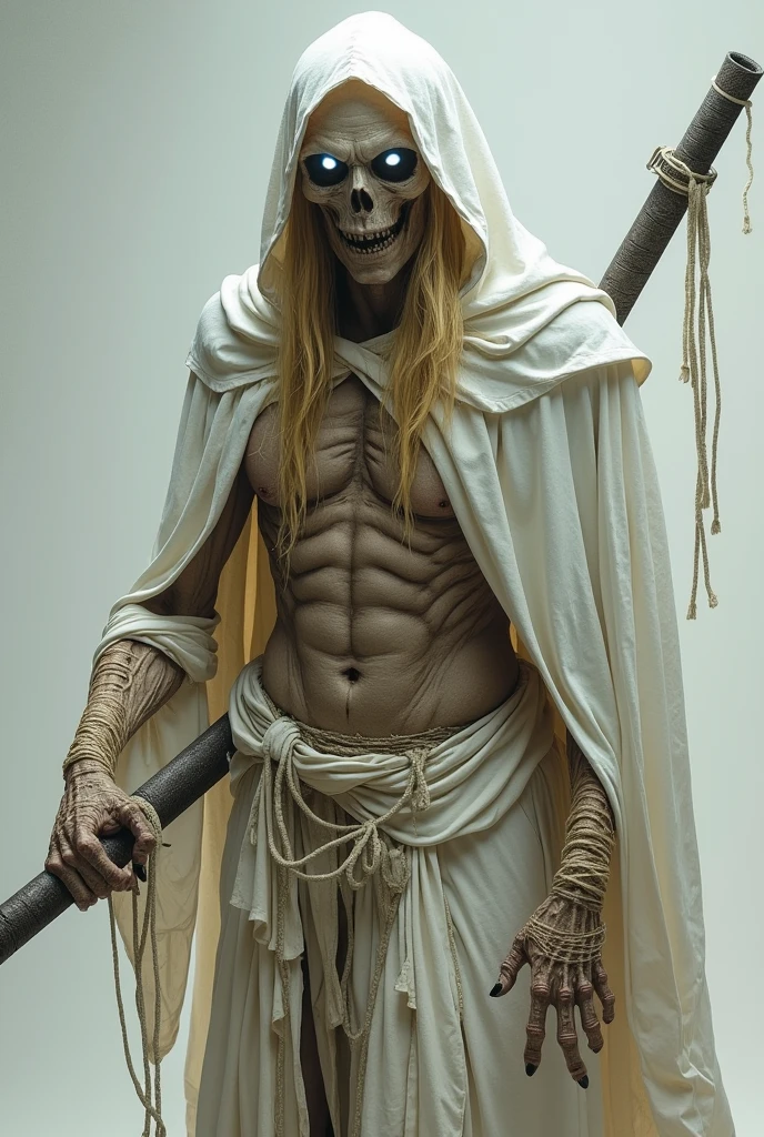I wish you to create a male Elf wizard with his entire body in a state of deep mummification wearing a white hooded robe., where the big belly muscles appear. His pointy ears appear. And he holds a katana. In place of his eyes are two tiny, discreet, luminous white orbs.. Her long blonde hair is now just a remnant.