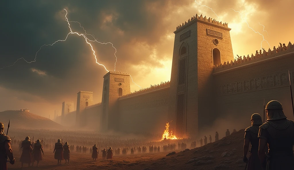 An epic image showing the imposing walls of the kingdom of Sheba defending themselves against an attack. The wall is decorated with ancient symbols, and inside, warriors are determinedly defending the city. The sky in the background is dramatic, with dark clouds and lightning, adding to the tension of the scene.