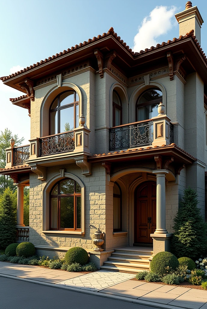 Design a 2-story home exterior with a traditional stone-clad 1st floor, arched windows with decorative molding, a balcony with ornate iron railings on the 2nd floor, and an extended roof overhang with wooden details.