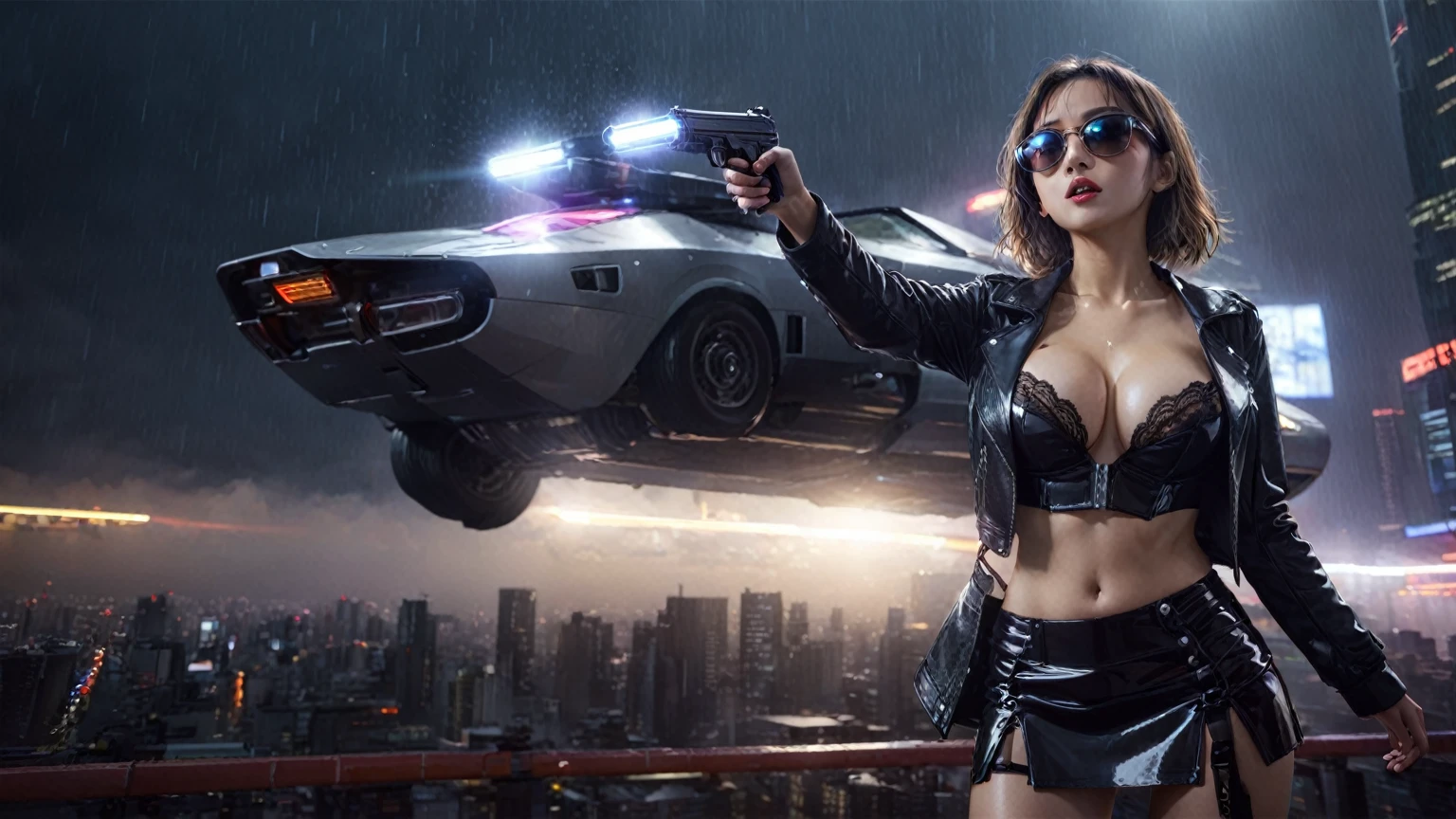 Blade Runner style futuristic Tokyo city, flying cars, neon lights, rainy night. (1girl, solo, alone), large-breast:1.2 slim:0.9 body, oval:0.8 face, cleavage:1.1, sexy laced lingerie, low angle view of miniskirt, jacket, (black micro sunglasses), (holding a short gun), half-body thigh level medium shot, cinematic lighting, ray tracing.