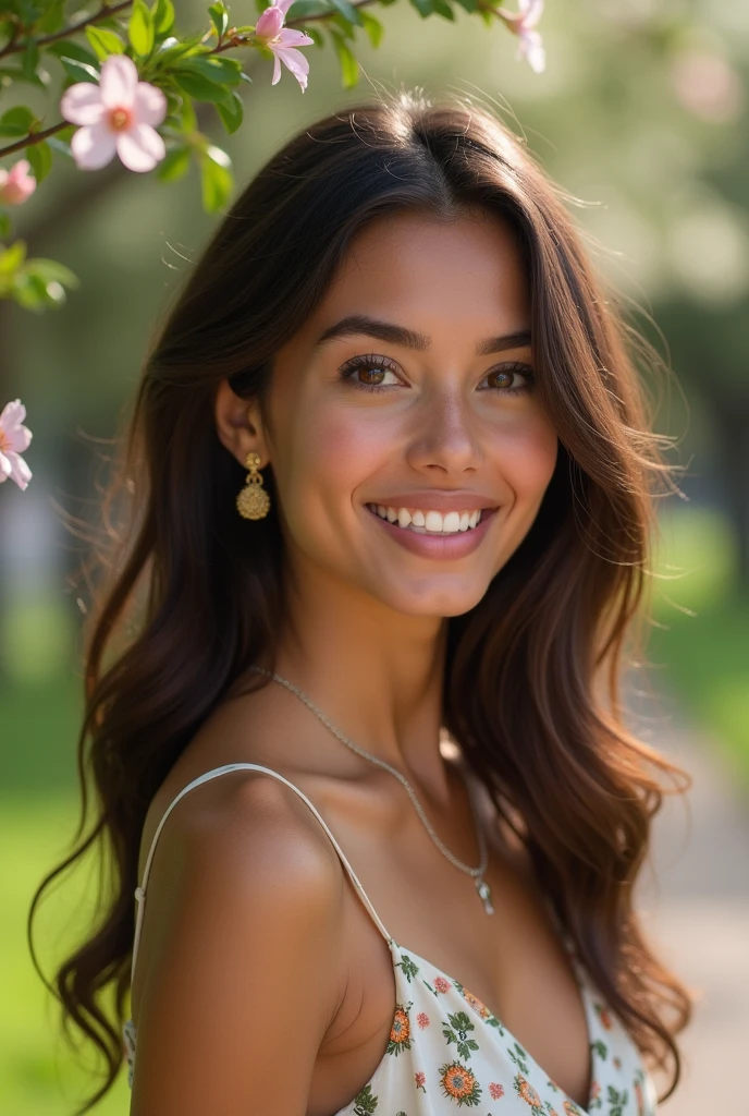 Beautiful Latina woman with a medium to dark skin tone, wearing a light and colorful dress with floral patterns (20 years old, innocent face, naturally wavy hair, brown eyes), upper body selfie, masterpiece, superior quality, ultra-detail. She is facing the camera, her hair falling in natural curls around her face, framing her large brown eyes that shine with curiosity. Her smile is sweet and sincere, revealing perfect teeth. In the background, a lush green park with flowering trees adds a touch of freshness to the scene. The sunlight gently caresses her face, accentuating the softness of her features. The photo is taken in portrait mode, capturing every detail with exceptional sharpness. She also wears delicate jewelry, such as gold earrings and a thin necklace, adding a touch of elegance to her appearance. Her nails are manicured and painted in a pastel color, completing her refined look. Ensure the skin tone of her face matches the rest of her body. Add natural skin textures and slight imperfections to enhance realism