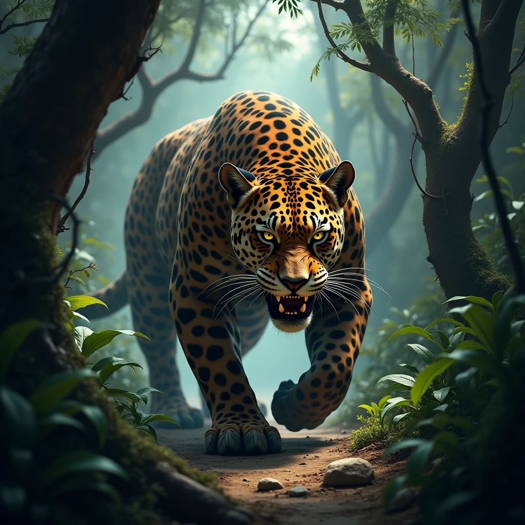 Jaguar agressive in a dark jungle
