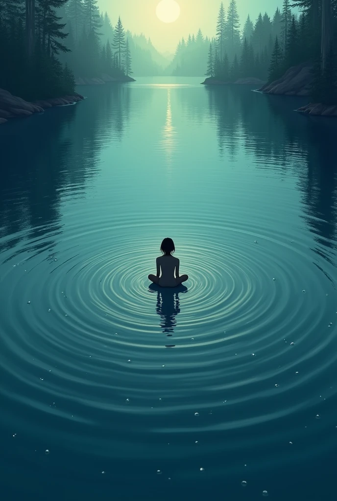 Create a lineart illustration Scene: An aerial view or perspective view showing Marine alone in the middle of the lake, with the water getting darker and deeper around her. Small concentric circles can be used to show the spread of Marine's energy in the water.