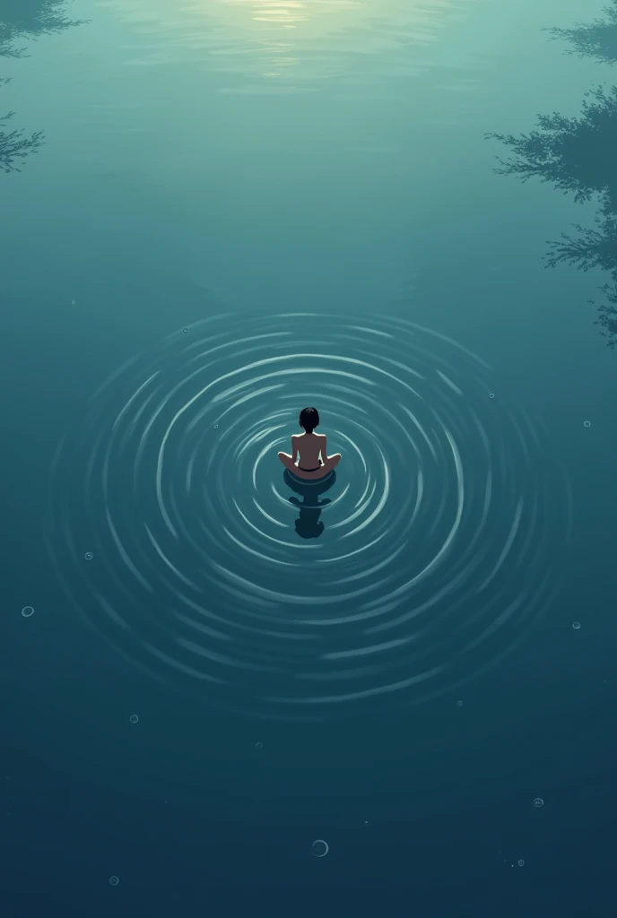 Create a lineart illustration Scene: An aerial view or perspective view showing Marine alone in the middle of the lake, with the water getting darker and deeper around her. Small concentric circles can be used to show the spread of Marine's energy in the water.