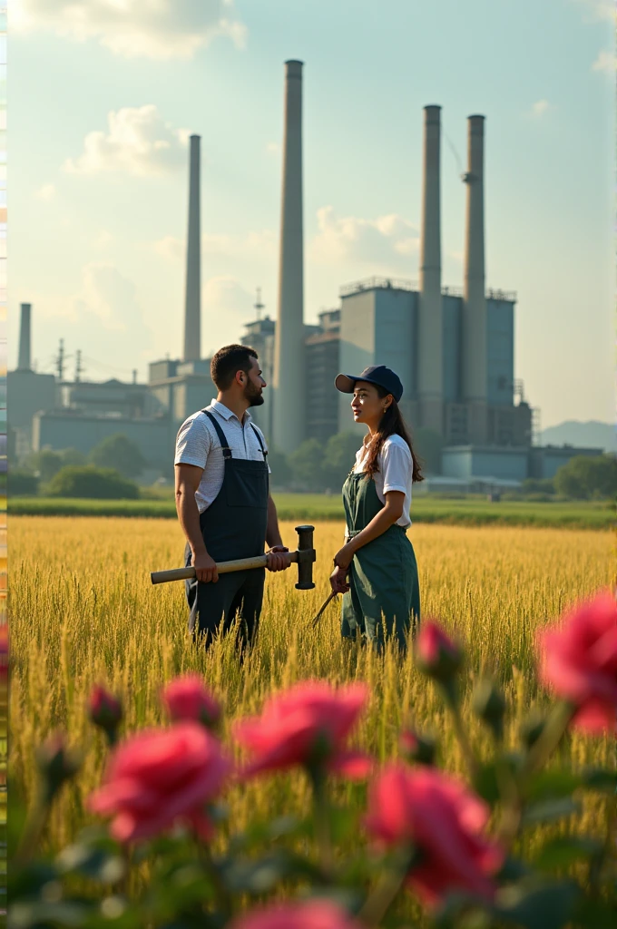 There is a factory in the middle of the rice field,Placed in front of the factory,One man and one woman,Male worker holding hammer,Female farmer holding a sickle,Hammer and sickle,The factory is surrounded by roses.