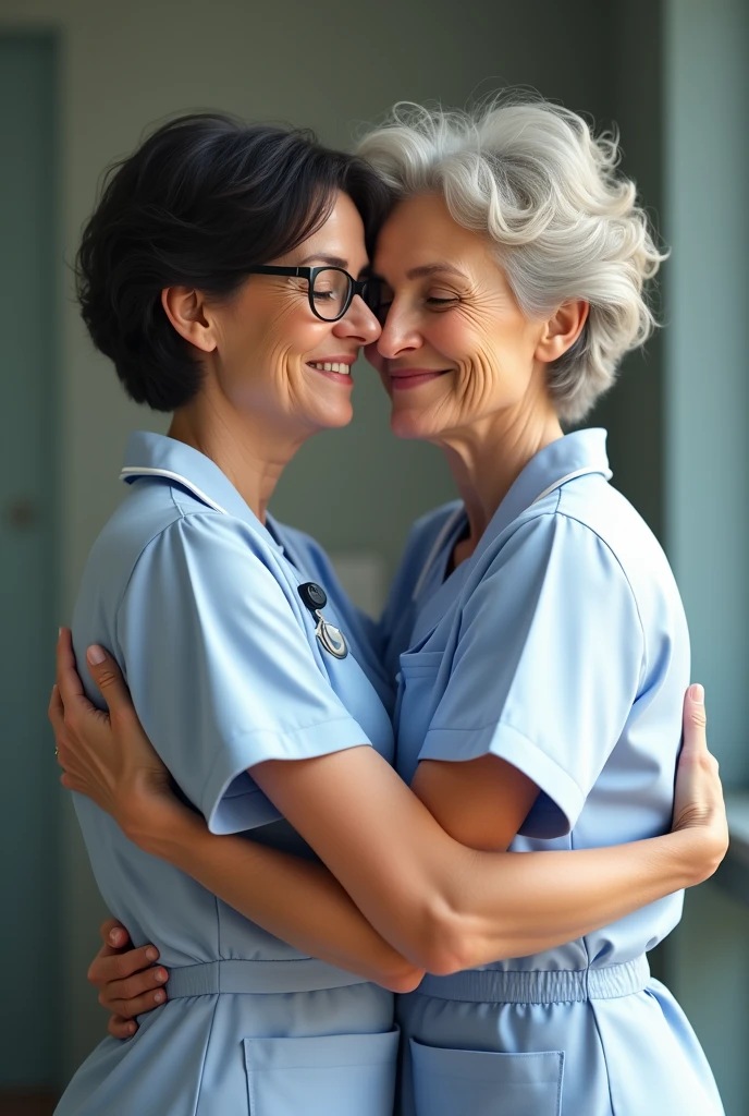 Two 60-year-old nurses, Women, one is wearing glasses and has short dark hair wearing old nursing clothes, the other with short curly light hair wearing nursing clothes, hugging
