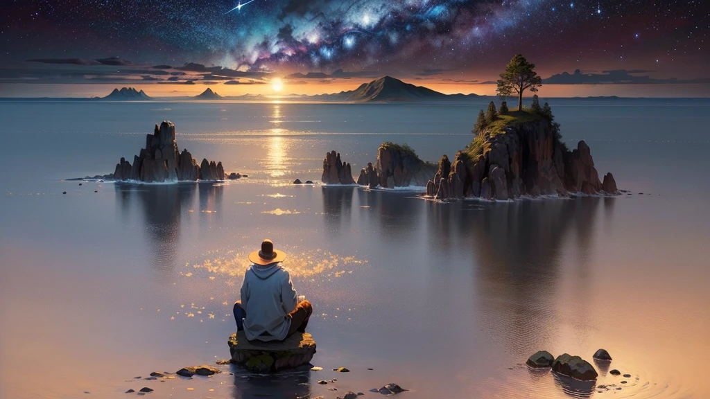 an oil painting,da vinci art style。A serene night scene with a person kneeling in prayer, bathed in soft moonlight. In the background, a calm sea reflects the stars, symbolizing peace. A subtle glowing cross hovers above the horizon, while soft rays of light emanate from it, representing God’s presence and protection. The scene is tranquil, with trees and mountains in the distance, under a vast, star-filled sky. The title 'Finding Peace in Turmoil' or 'Psalm 4 Devotional' appears in bold, calming fonts.,Guviz style artwork,,Artistic creativity:1.37,Sweet,Wonderful and magical,Exquisite,Natural soft light