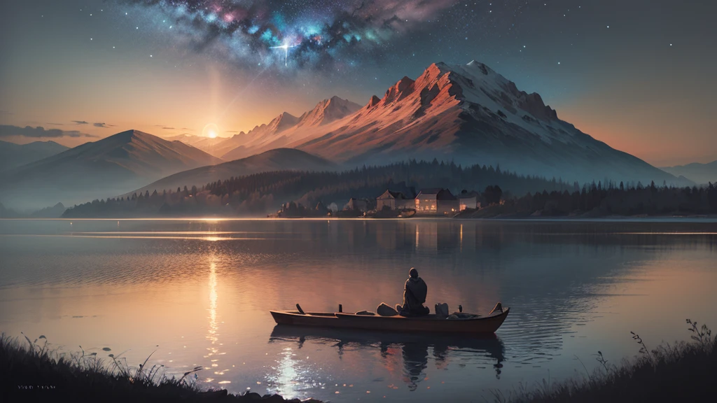 an oil painting,da vinci art style。A serene night scene with a person kneeling in prayer, bathed in soft moonlight. In the background, a calm sea reflects the stars, symbolizing peace. A subtle glowing cross hovers above the horizon, while soft rays of light emanate from it, representing God’s presence and protection. The scene is tranquil, with trees and mountains in the distance, under a vast, star-filled sky. The title 'Finding Peace in Turmoil' or 'Psalm 4 Devotional' appears in bold, calming fonts.,Guviz style artwork,,Artistic creativity:1.37,Sweet,Wonderful and magical,Exquisite,Natural soft light