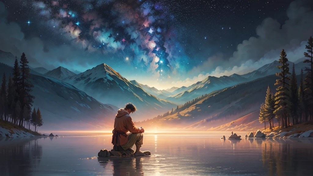 an oil painting,da vinci art style。A serene night scene with a person kneeling in prayer, bathed in soft moonlight. In the background, a calm sea reflects the stars, symbolizing peace. A subtle glowing cross hovers above the horizon, while soft rays of light emanate from it, representing God’s presence and protection. The scene is tranquil, with trees and mountains in the distance, under a vast, star-filled sky. The title 'Finding Peace in Turmoil' or 'Psalm 4 Devotional' appears in bold, calming fonts.,Guviz style artwork,,Artistic creativity:1.37,Sweet,Wonderful and magical,Exquisite,Natural soft light