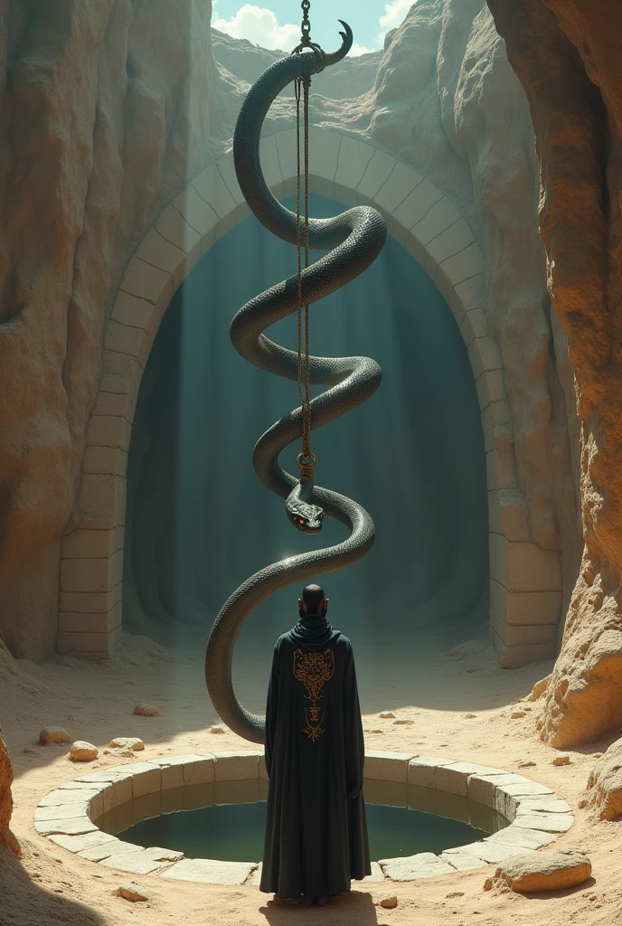 The Muslim man hangs a huge snake from the middle of the well