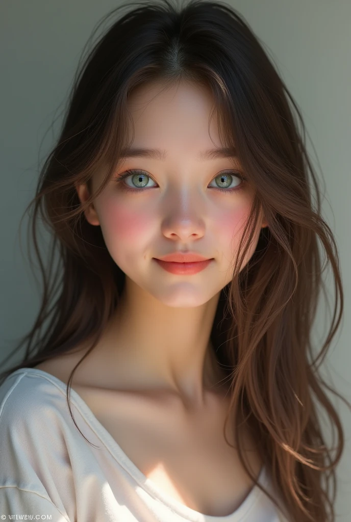 A teenager from , straight and brunette hair, white, blue green eyes, pretty, jennie inspo