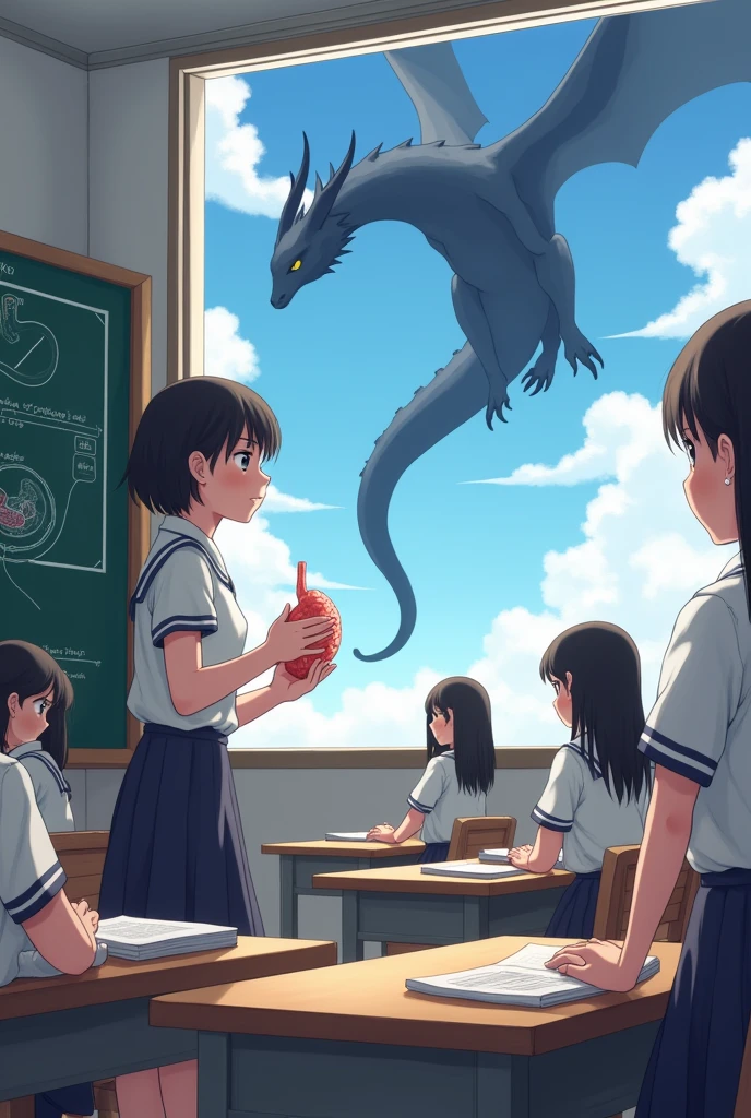 A Japanese girl is in a classroom. She is studying the digestive system. There are five other girls. On the board is a picture of a stomach. There is a model of a stomach. She looks out the window. There is a black dragon in the sky.