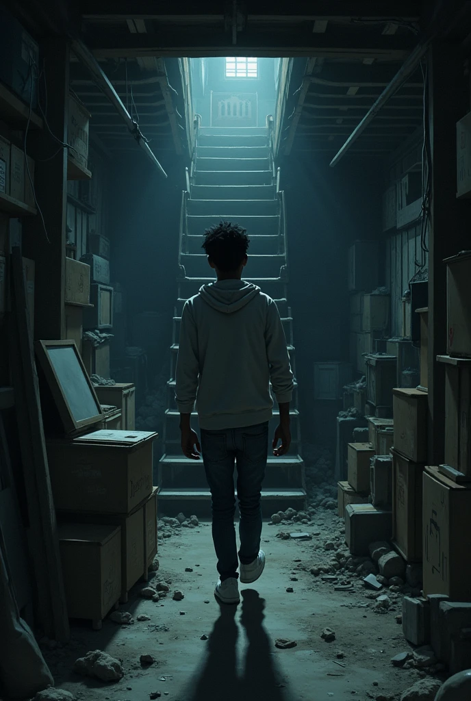 basement , dark and dusty space, full of stacked boxes and furniture covered by sheets. A creaking staircase dark-skinned 17-year-old teenager walked where a smell of old wood and humidity enveloped him. He looks to the front of the image