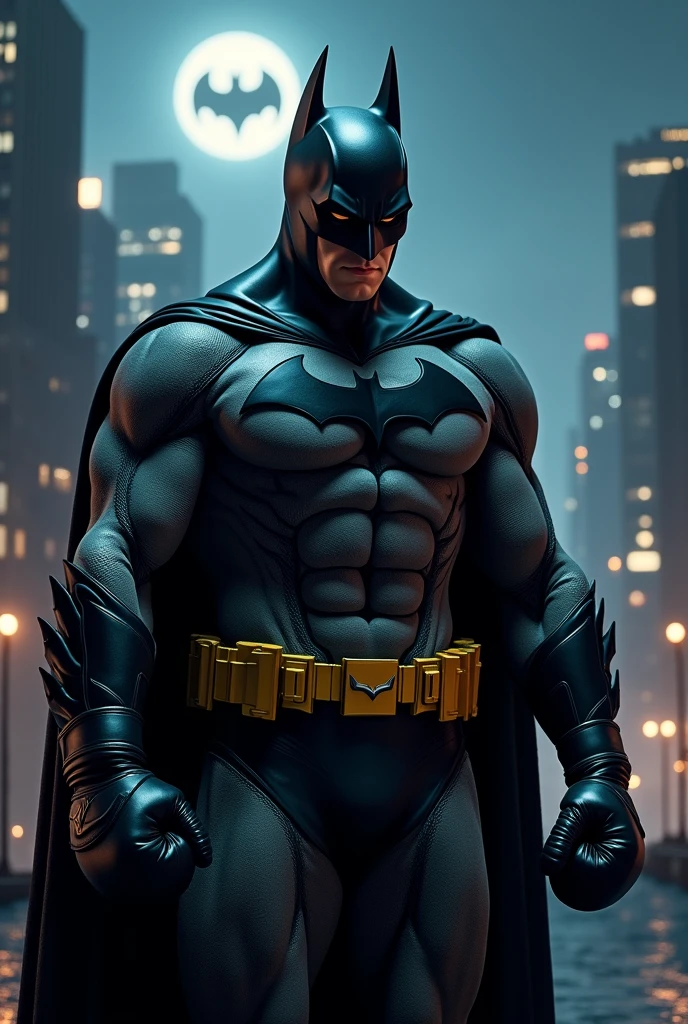 Man dressed as Batman with boxing gloves on one side and in the background an entire city at night with the bat signal in the distance