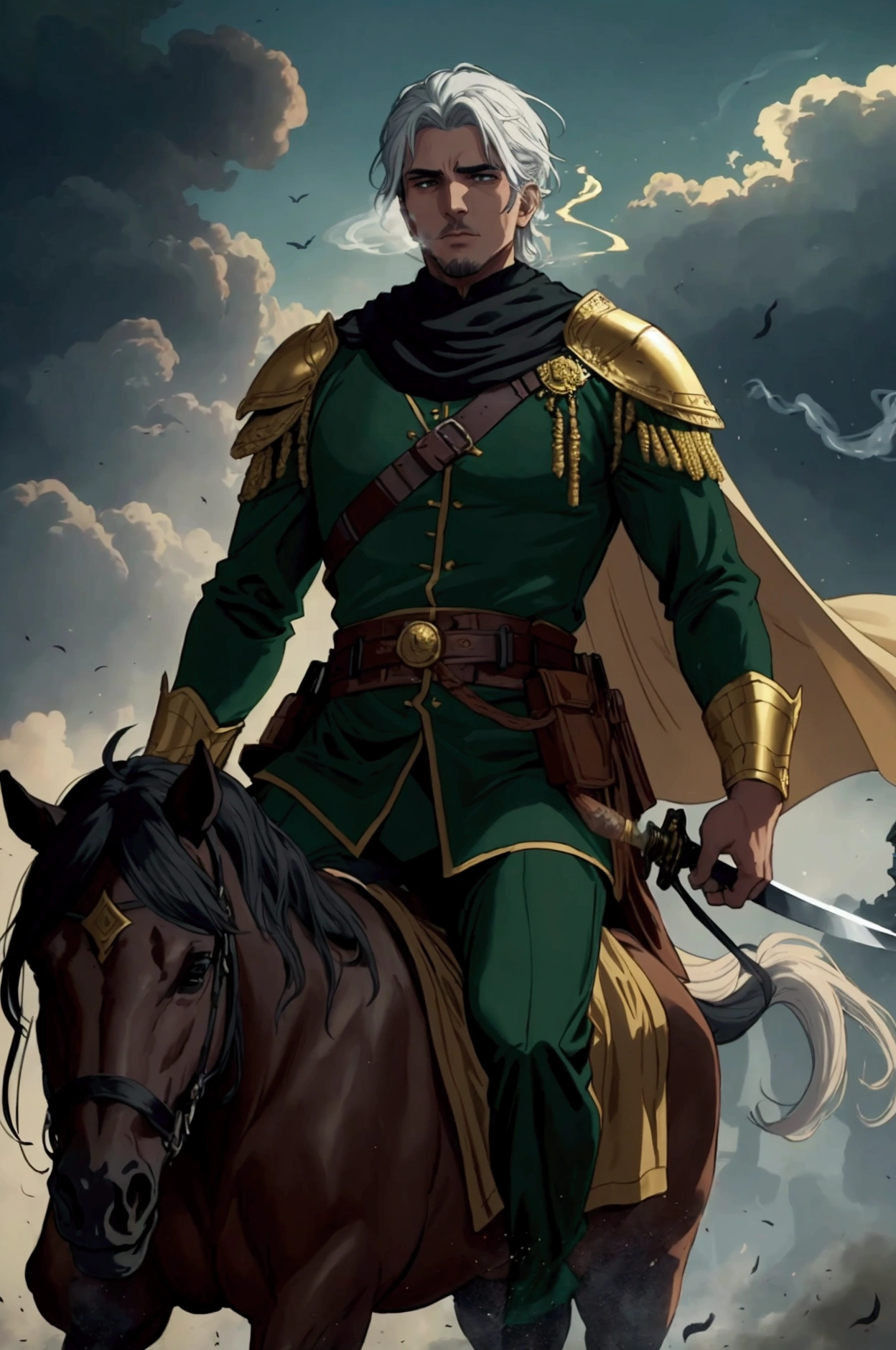 A beautiful and majestic man in green clothes riding on a beautiful and beautiful white horse with a light face and holding a sword and a green banner in his hands, fighting against the vile and ugly people in black clothes. Around them is a chaotic scene of shadowy soldiers shrouded in mist, creating an atmosphere of tension and impending battle. The background is filled with dark clouds and golden light that enhances the sense of drama and fantasy. Half of the people's bodies in the dust, ((smoke)), A lot of smoke, thick smoke, murky scene, Arabic clothes,