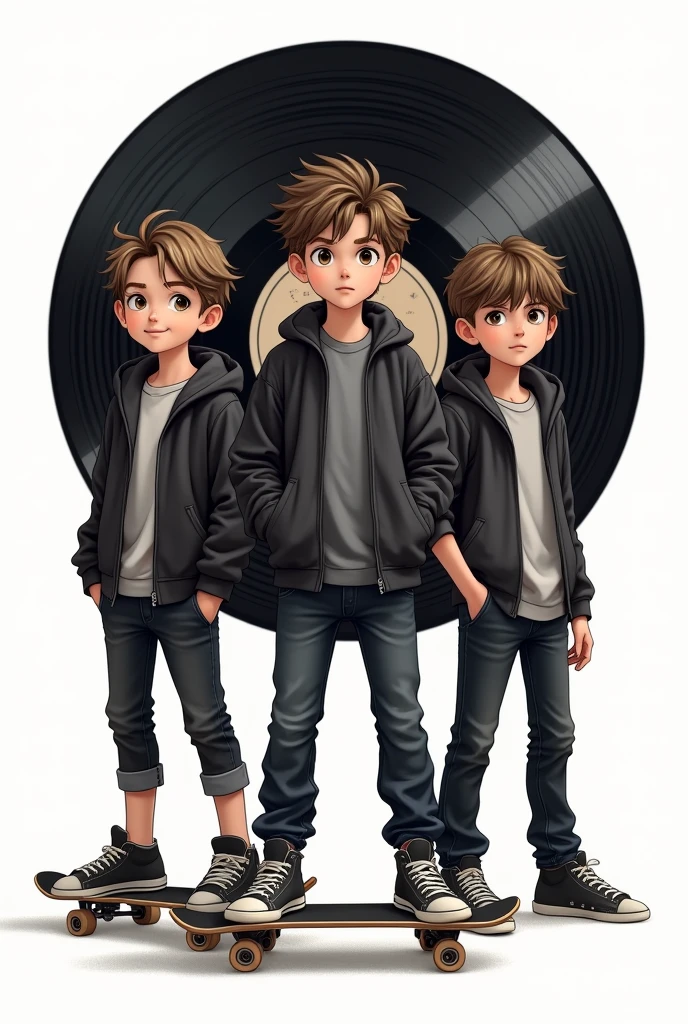 a drawing of 3 boys in skater style clothes , without the skateboard , in a formation with a loose posture wearing black clothes , imagem sem fundo (white background) , and a vinyl record behind
