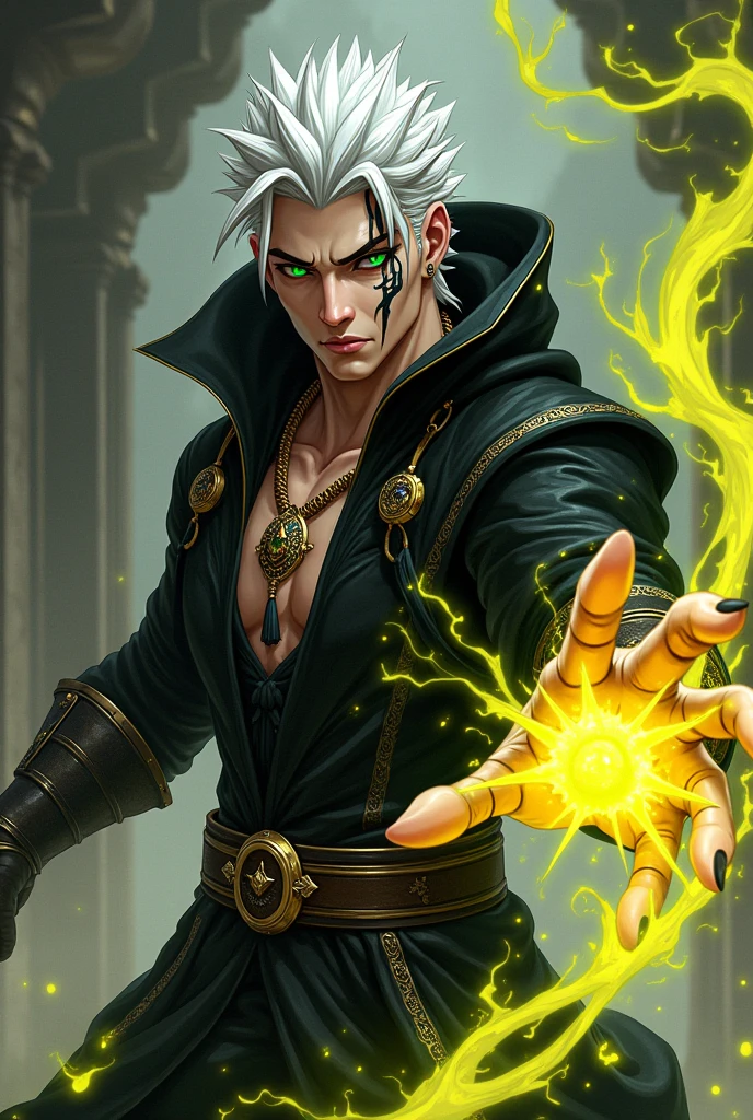 Best quality, masterpiece, ultra high res,detailed background,realistic,hadesstyle,solo,male,mature,bara,muscular,mature male,short hair,facial hair,wizard,necromancer,skull,green fire,horror \(theme\),dark fantasy,evil,cape,depth of field