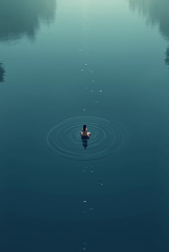 Create a lineart illustration Scene: An aerial view or perspective view showing Marine alone in the middle of the lake, with the water getting darker and deeper around her. Small concentric circles can be used to show the spread of Marine's energy in the water.
