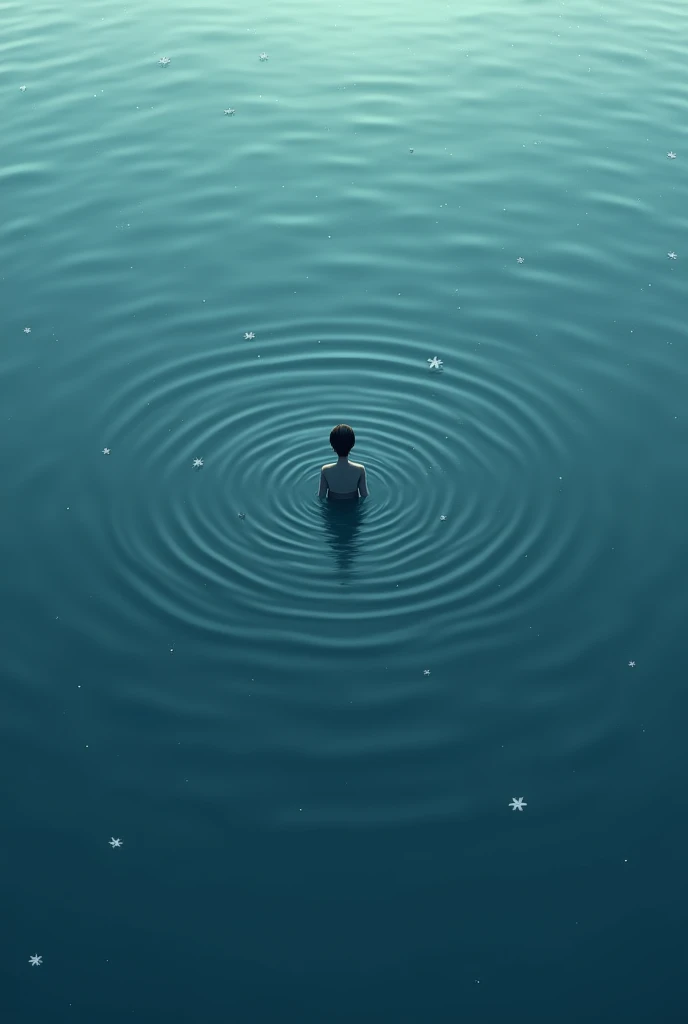 Create a lineart illustration Scene: An aerial view or perspective view showing Marine alone in the middle of the lake, with the water getting darker and deeper around her. Small concentric circles can be used to show the spread of Marine's energy in the water.
