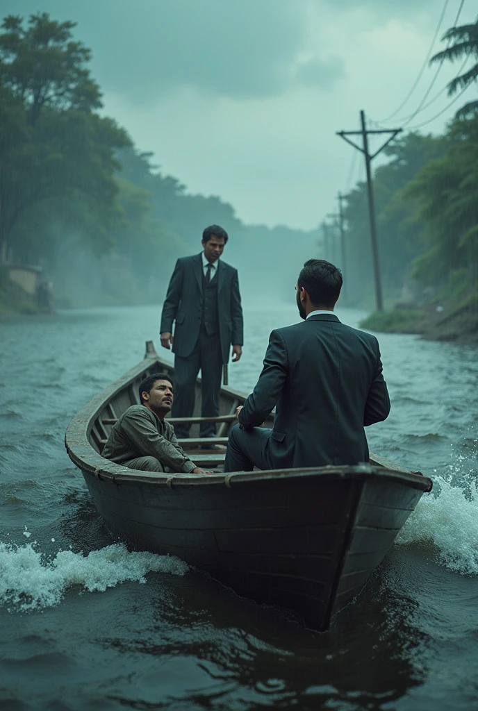 A 40 to 50 year old businessman is travelling on a water boat with a poor helpless 30 to 40 year old man on a river, Suddenly there is a storm in the river and the businessman gets very scared. And after falling in water the businessman's clothes become dirty and wet 