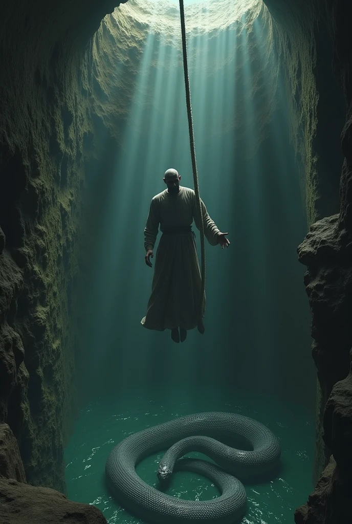 Muslim man hanging by a rope in the middle of the well. Below is a huge snake.