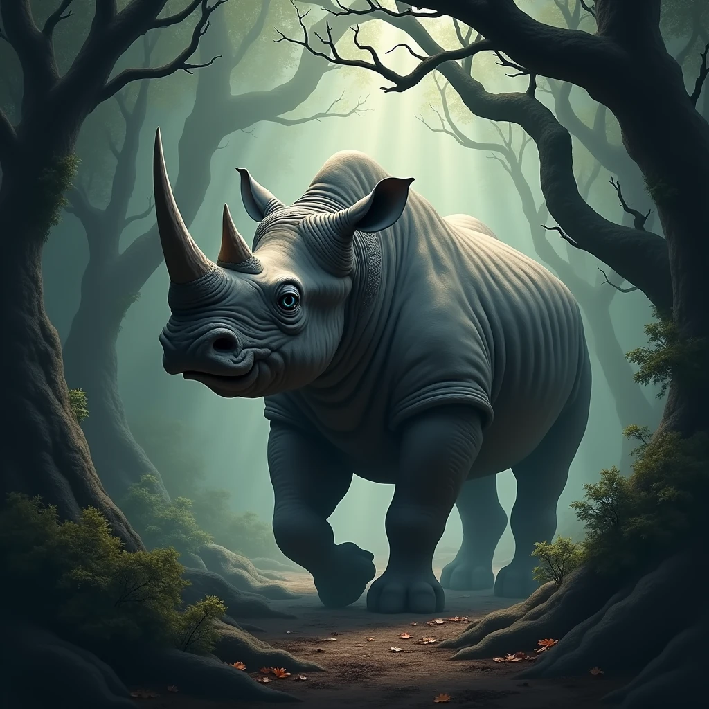 Rihno in a dark forest